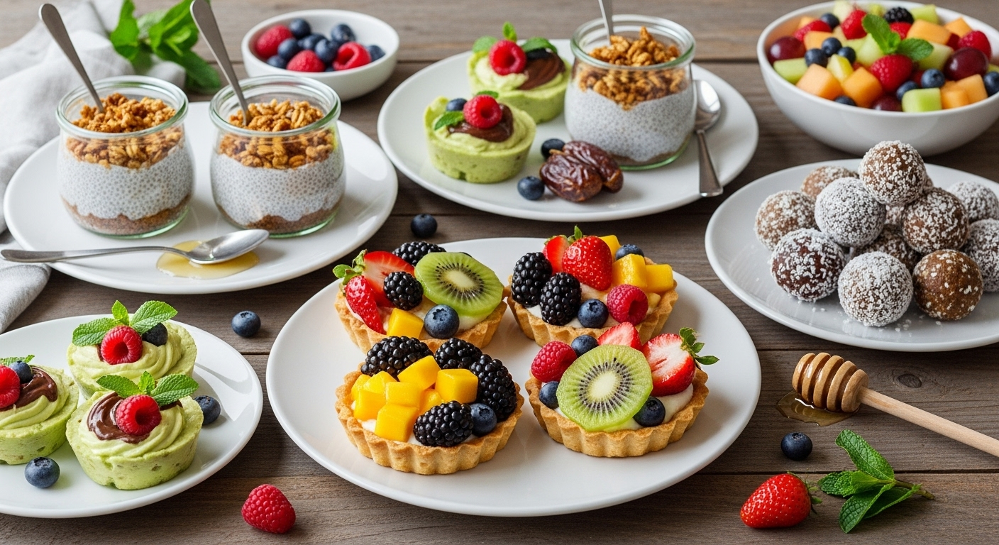 Mesa com sobremesas fit: chia, mousse, tortinhas de frutas e brigadeiros saudáveis